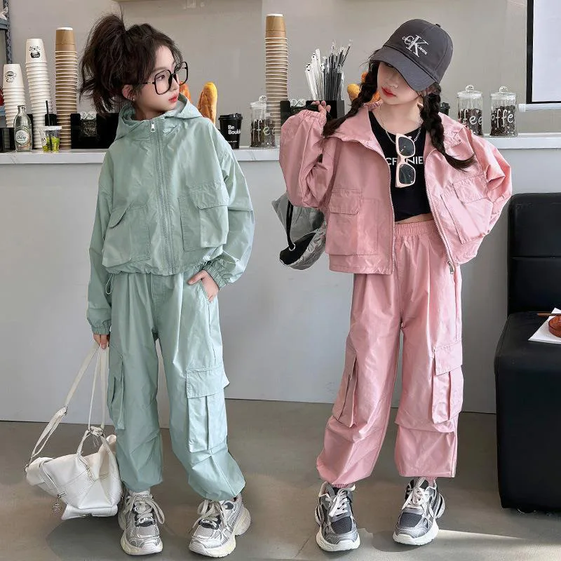 2026 Autumn Spring Teenager Kids Girl Children Set Green Clothes Loose Cardigan Hooded + Cargo Pants