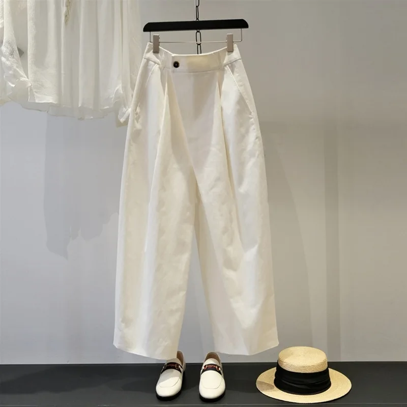 SuperAen 2023 Autumn Fashion Simple Diagonal Buckle Design Cotton Wide Leg Casual White Pants for Women