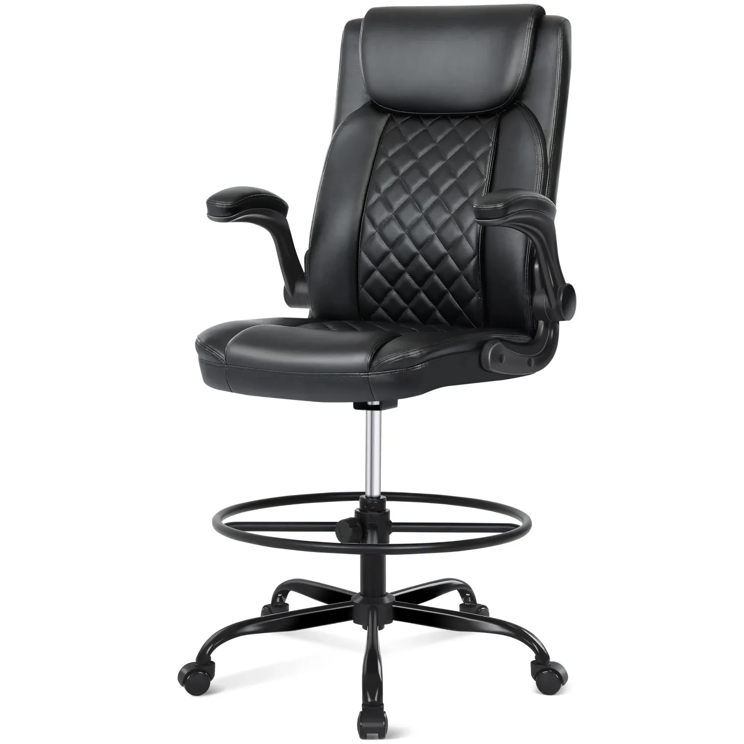 Drafting Chair with Footrest Ring, Tall Office Chair for Standing Desk, PU Faux Leather Bar Counter Height Chairs with