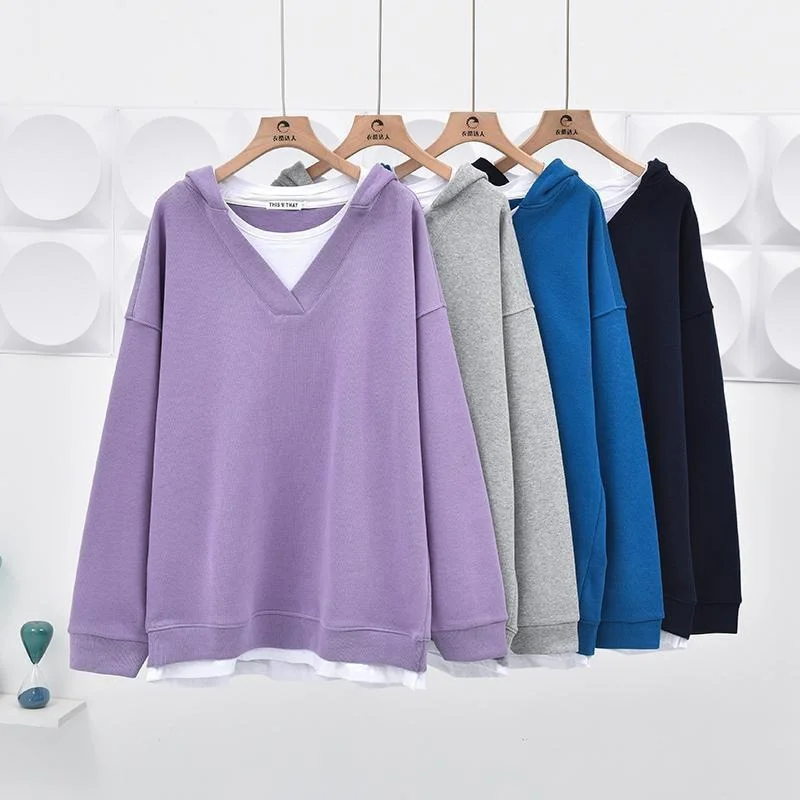 

plus Size Hoodie Women's Spring Thin V-neck Fake Two-piece Belly Cover Mid-length Loose Versatile Sweatshirt Shape Pear...