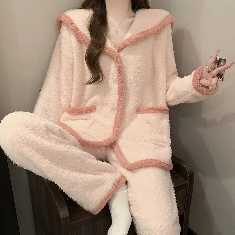 

pajamas Women's autumn winter fleece-lined thicken sweet pink coral fleece keep warm homewear suit Long Sleeve Pajama Set