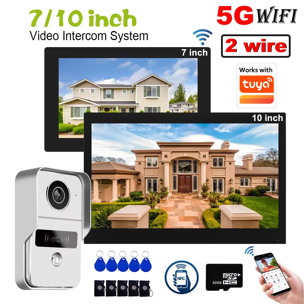 

2-проводная видеодомофонная система Tuya WiFi 1080P с сенсорным экраном, поддержкой карты памяти 32 ГБ, видеозвонком и функцией Smart Life для дома, с опциональным экраном 7/10 дюймов