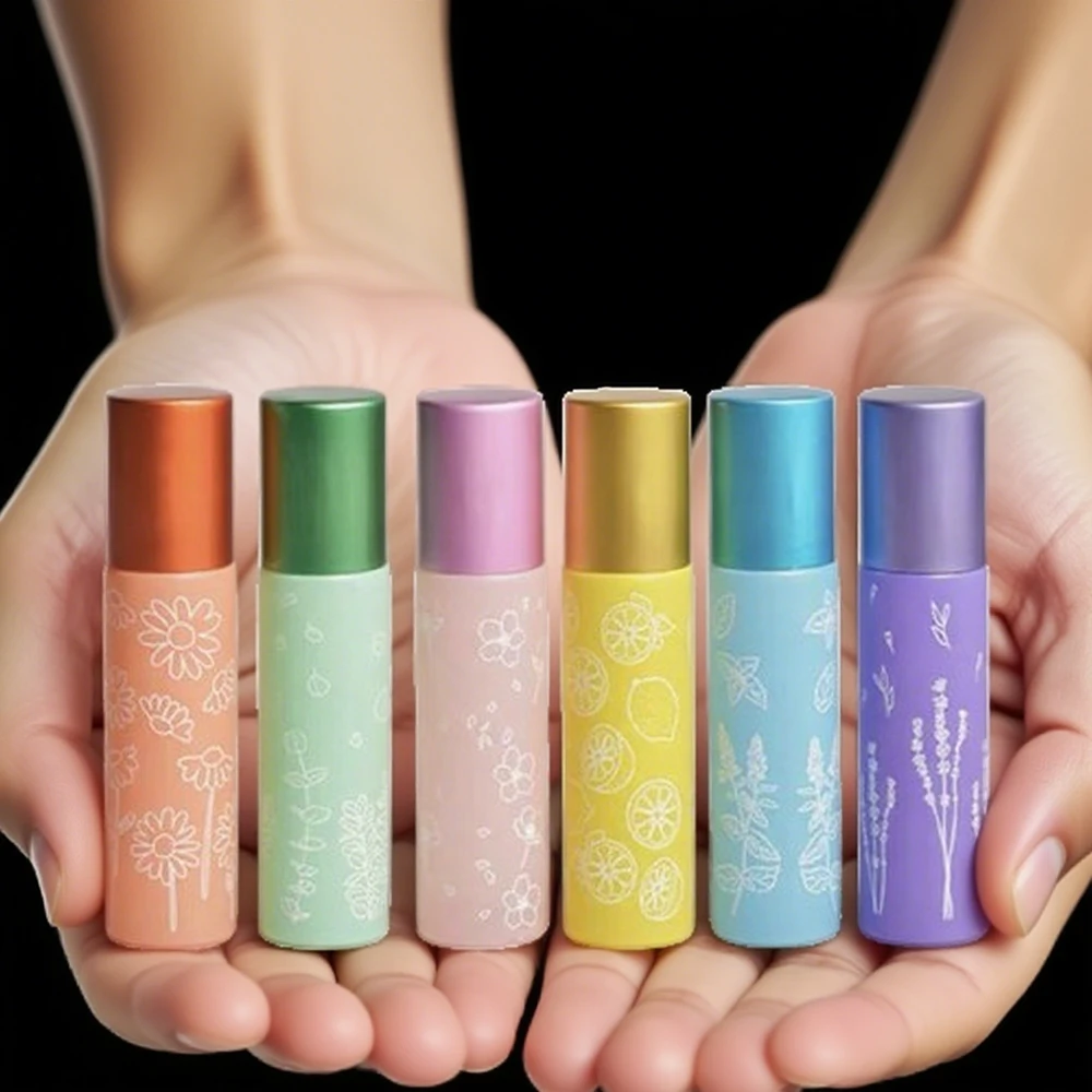 6pcs 두꺼운 유리 에센셜 오일 롤 온 병 스틸 볼 롤러 병 꽃 인쇄 빈 향수 아로마 테라피 병