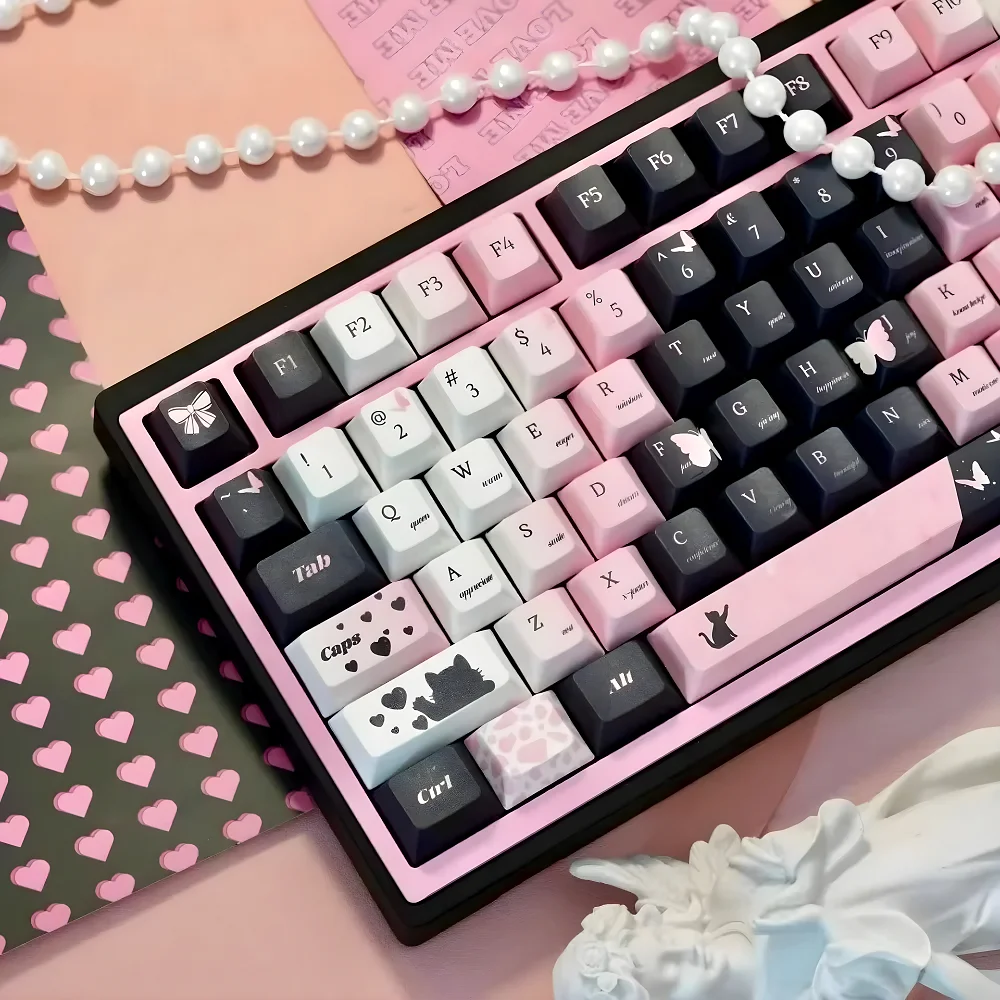 Kit de teclado mecânico com Keycap, PBT para MX Cherry Gateron Switch, cereja, gato preto, rosa, 131 chaves