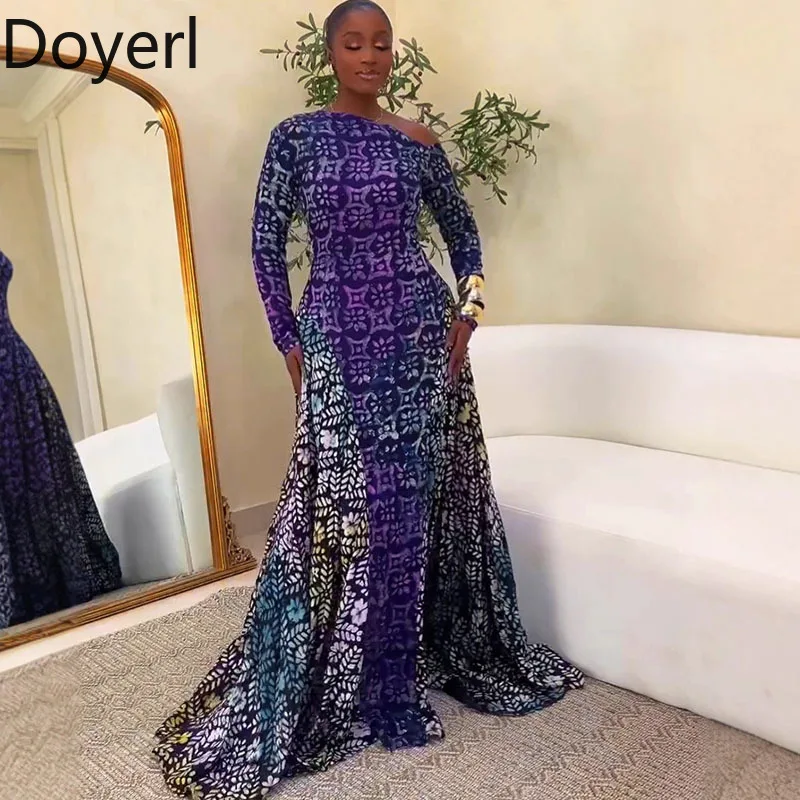 Doyerl Floral Druck Maxi Kleid Frau Langarm Skew Kragen Geburtstag Club Party A-line Lange Kleider Elegante Vestido De Mujer