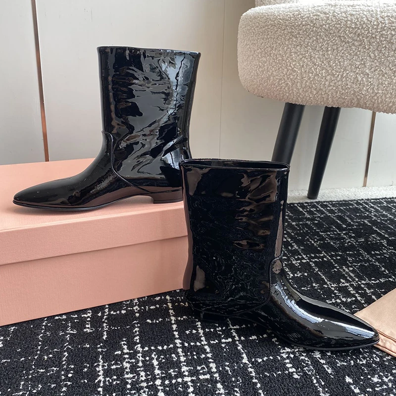 2024 New Coming Brand Design Short Boots Women Shiny Leather Pointed Toe Low Heel British Style Runway Shoes Slip on Ankle Boots