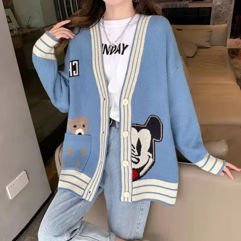 Disney Knitted Cardigan Japanese Mickey Cartoon Sweaters for Women Coat Female Autumn and Winter Loose Wild Thicken Kawaii Tops