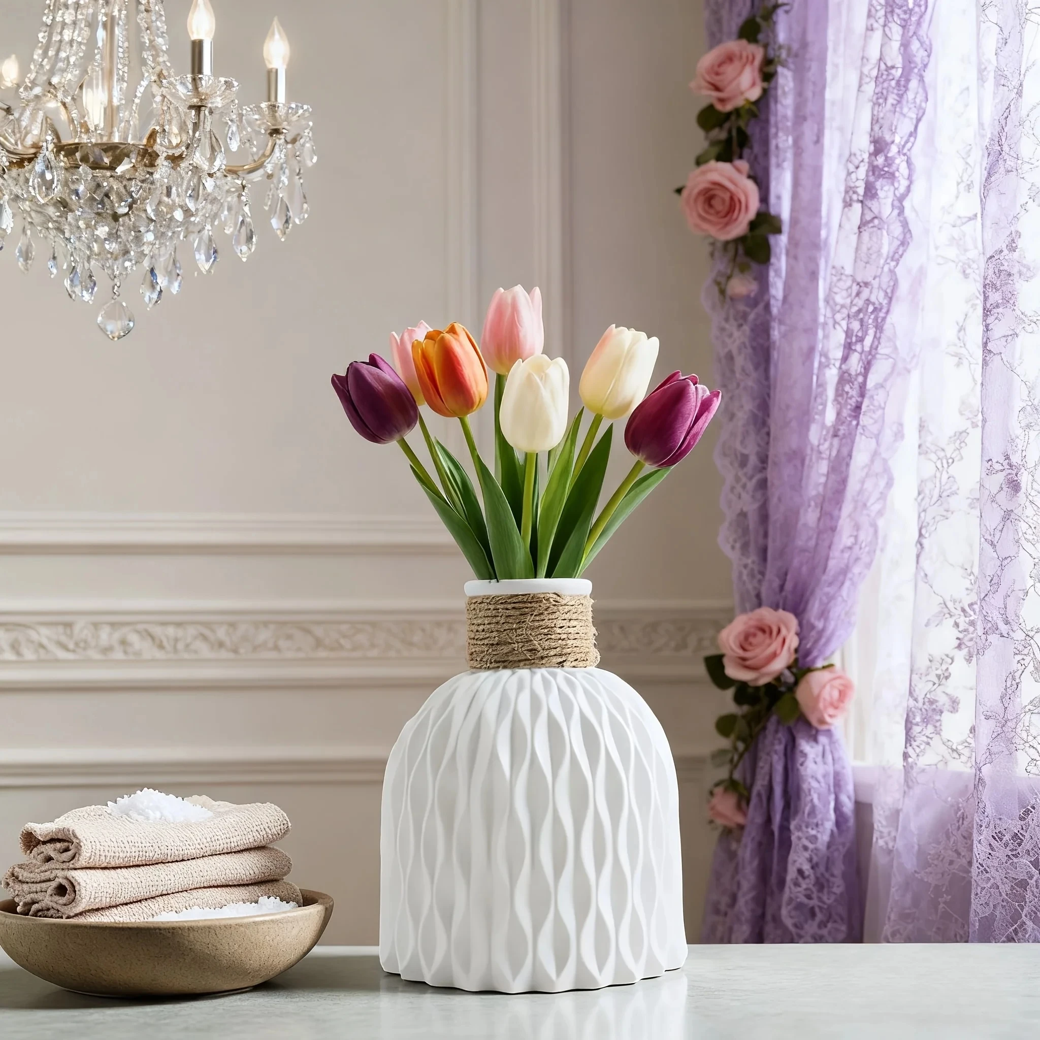 Pineapple Pattern Twine Imitation Ceramic Plastic Vase Simple Water Wave Pattern Flower Arrangement Vase Home Desktop Decor