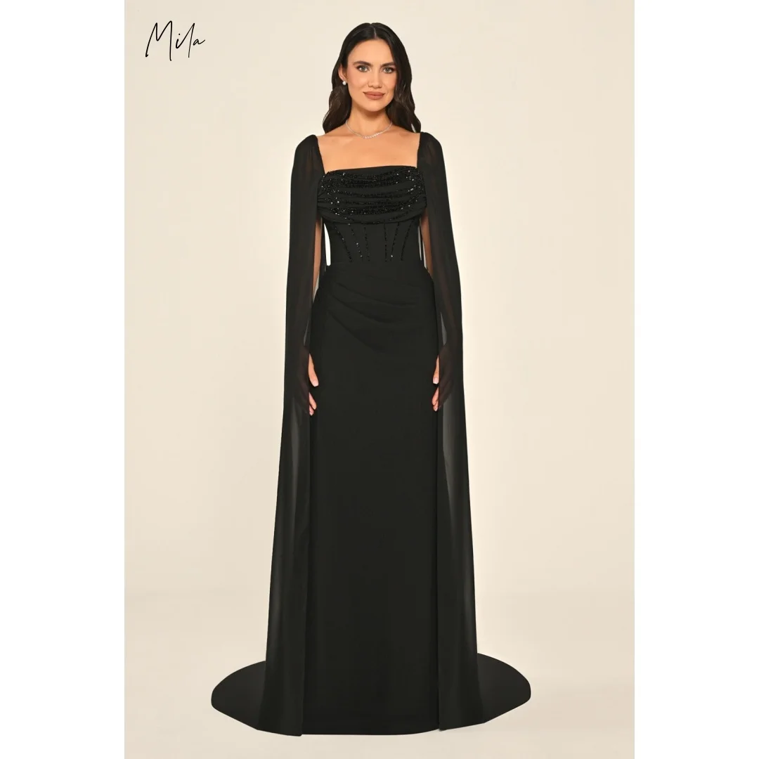 

Bella Customized Black Square Neck Prom Dress with Sheer Chiffon Cape Sleeves and Beaded Ruched Bodice Elegant Robes de soirée