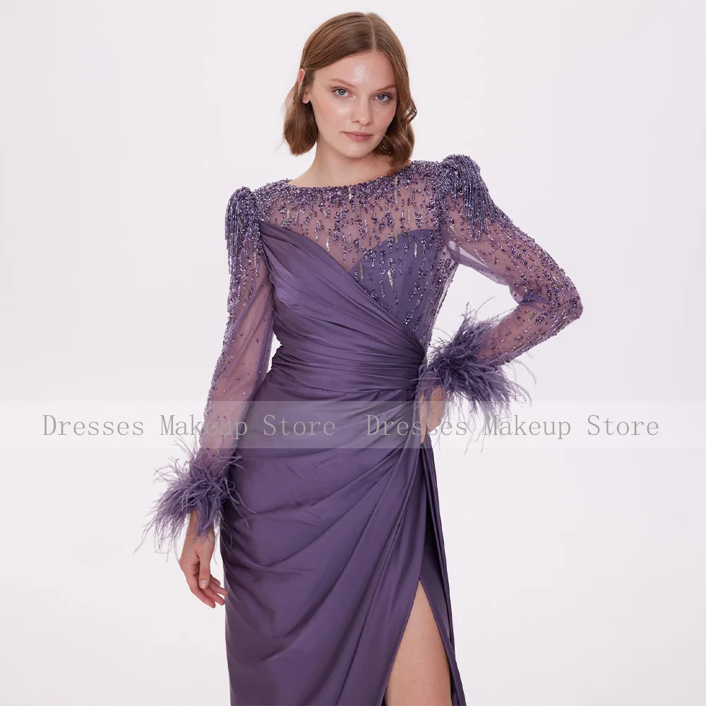 Luxury Evening Dress Purple Satin Beading Full Sleeves Elegant Wedding Guest Gowns for Women 2024 Feather Side Split Party Gown