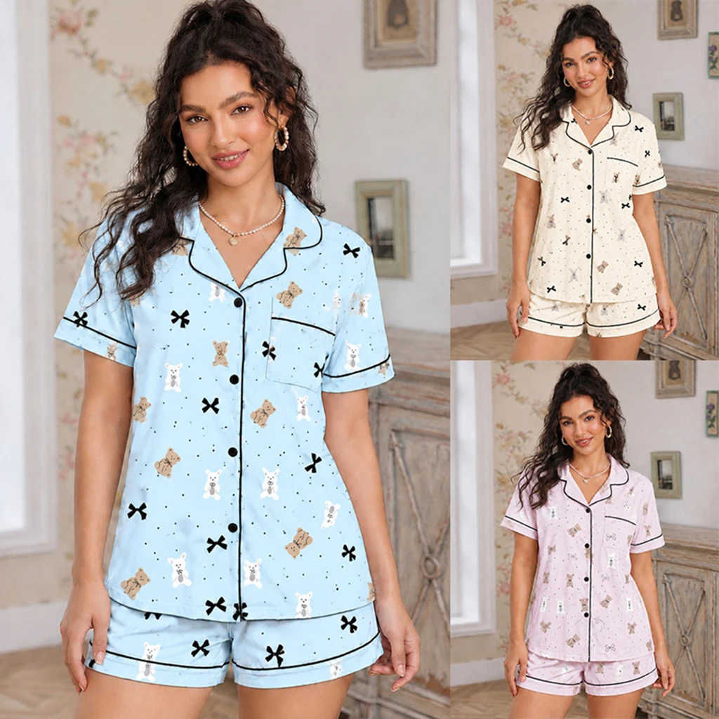 Women Lapel Button Down Pajama Set Cute Bear Bow Print Short Sleeve 2 Piece Loungewear Ladies Sleepwear Pijama Home Clothes