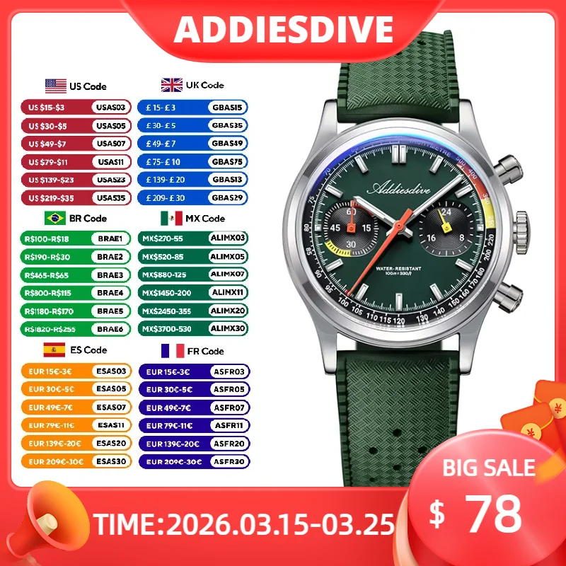 

ADDIESDIVE Men's Watches 2025 New Top Luxury Quartz Watch Men BGW9 Luminous Chronograph AR Domed Glass Waterproof Wristwatch Men