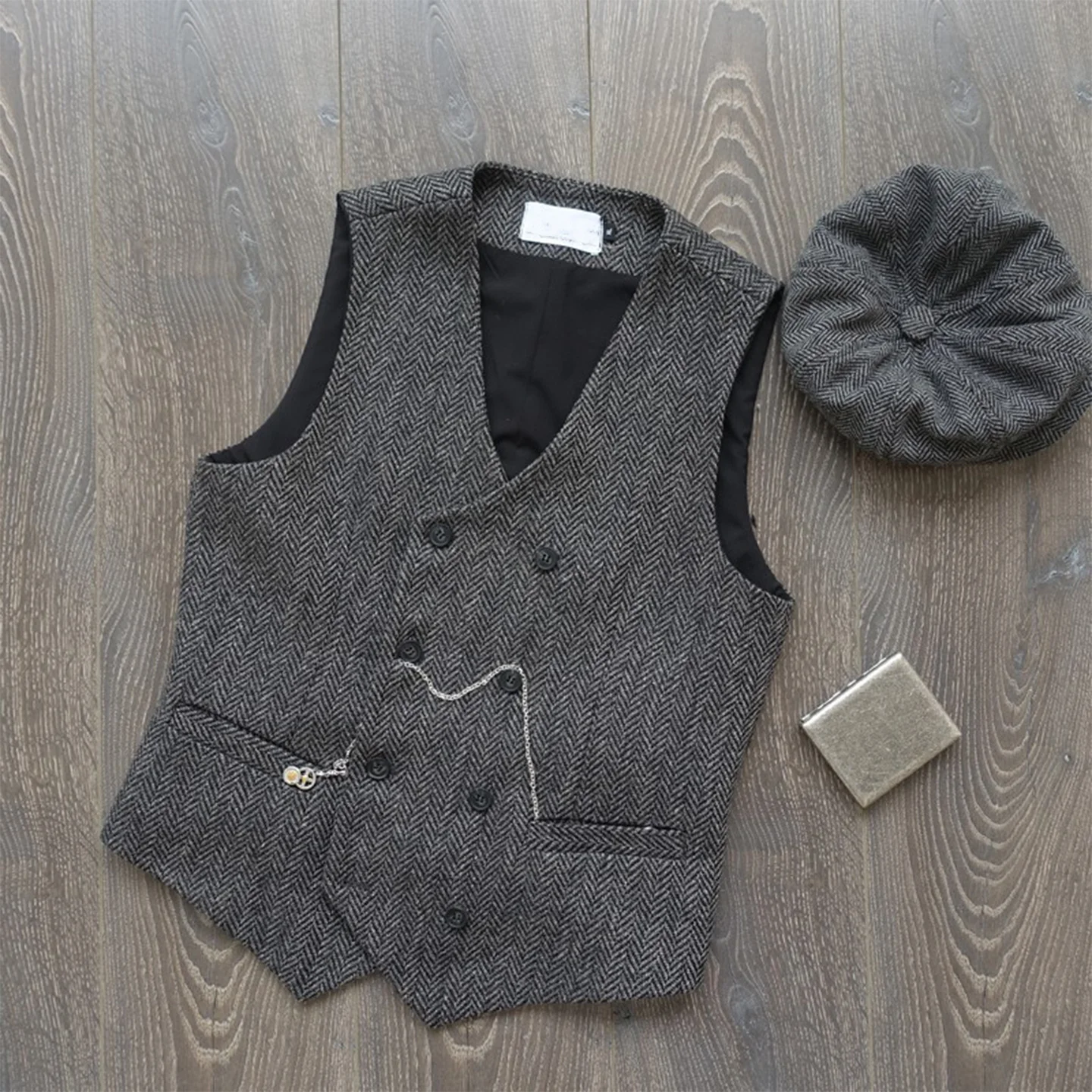 

Осенне-зимний твидовый двубортный жилет в стиле ретро с узором «елочка» из тяжелой шерсти в западном стиле