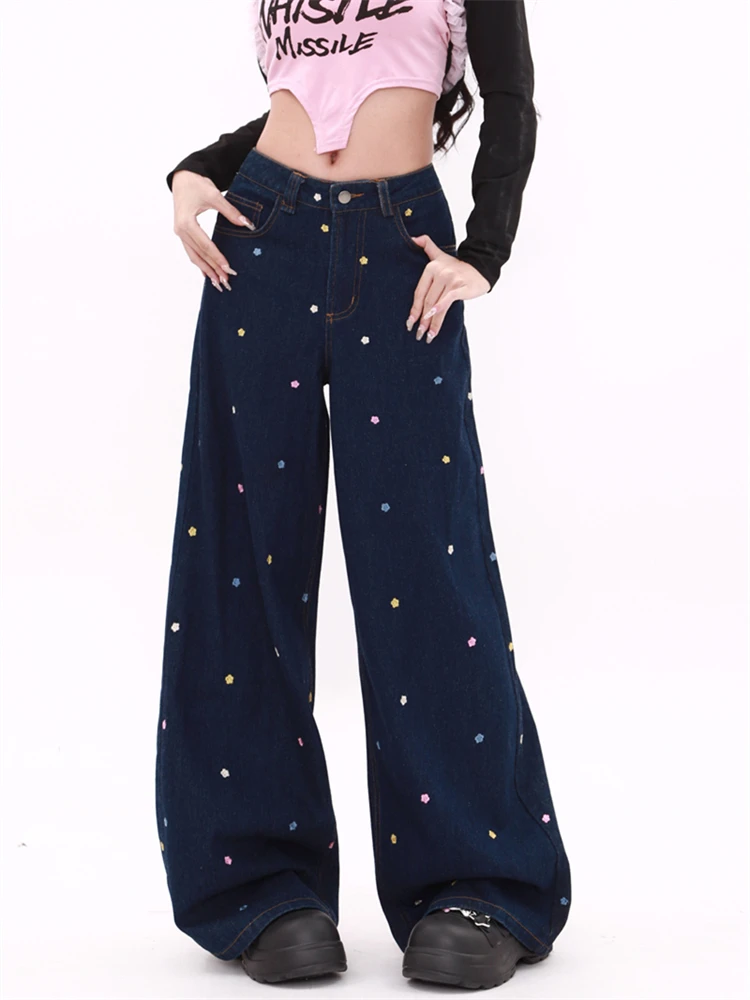 Women's Wide Leg Flower Embroidery Pattern Baggy Jeans Vintage Streetwear Cool Girl High Waist Pant Female Casual Denim Trousers