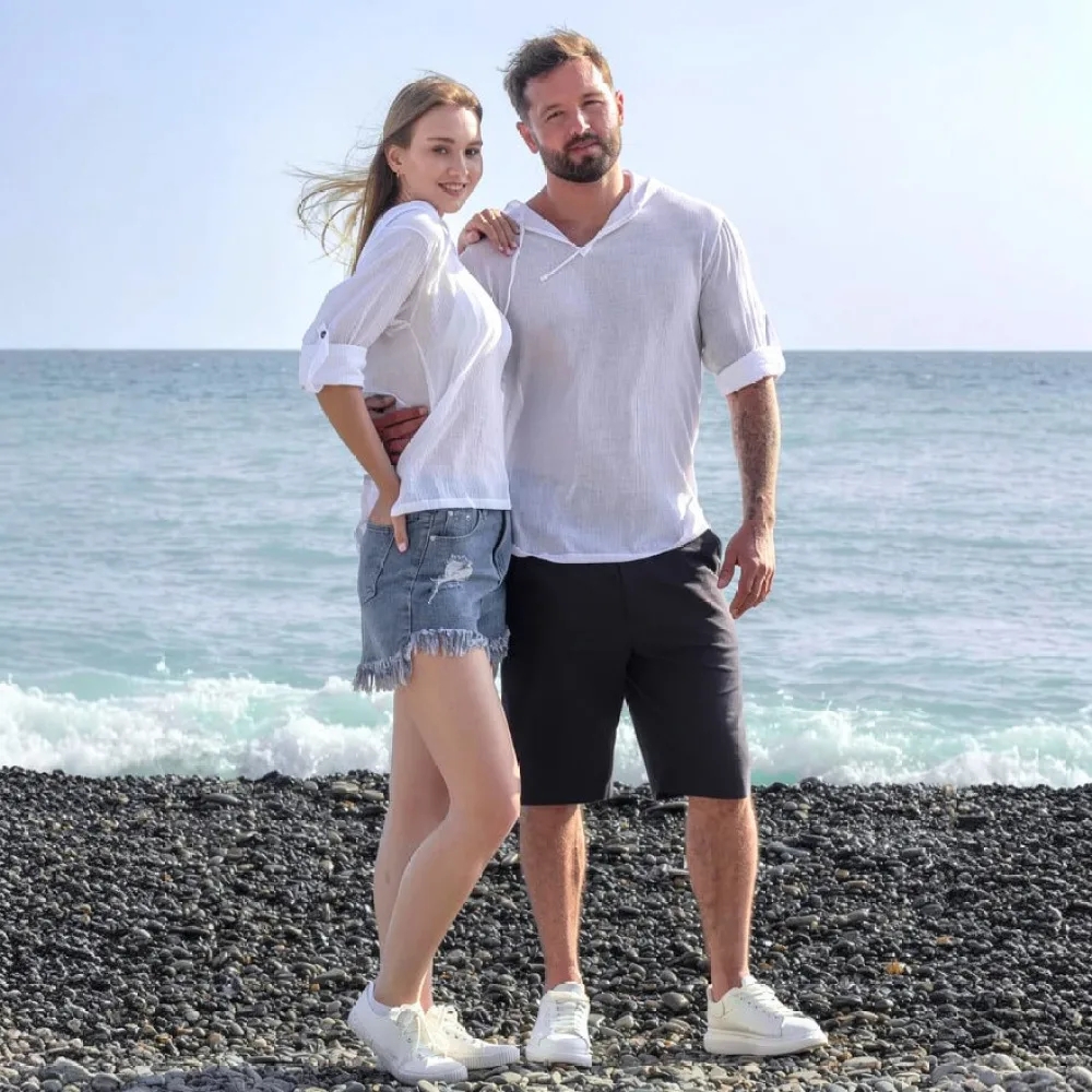 Casual Hooded Shirt Men Long Sleeve Linen Blend Top Breathable Lightweight Summer Beachwear Outdoor Sunblock Fashion Clothes