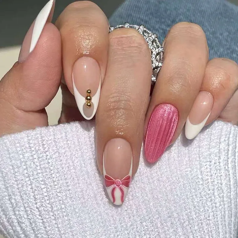 24/48Pcs Hollow French Pearl Striped Bow Gold Bead Press On Nails Elegant Detachable Reusable Fake Nail Tips for Women