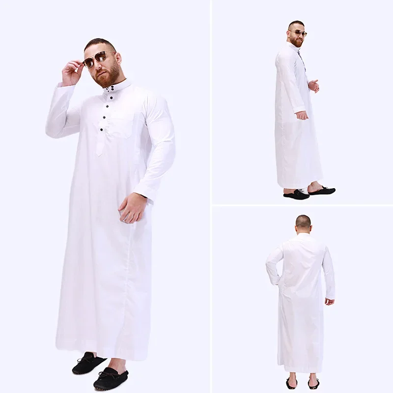 Jubah pria Muslim poliester jubah Qatar kerah berdiri desain saku Arab pakaian Pria Timur Tengah mode Muslim Arab