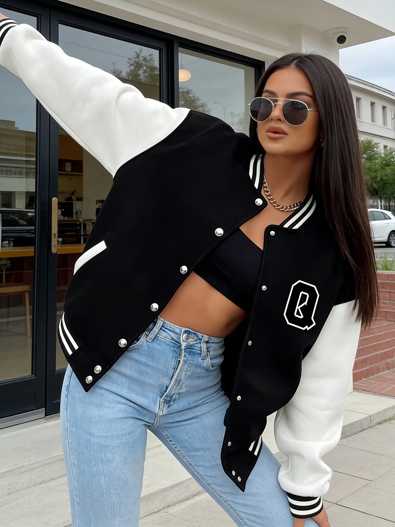 Women Oversized Varsity Jacket Letter Q Print Long Sleeve Button Front Bomber Jacket Casual Streetwear Outerwear Spring Autumn