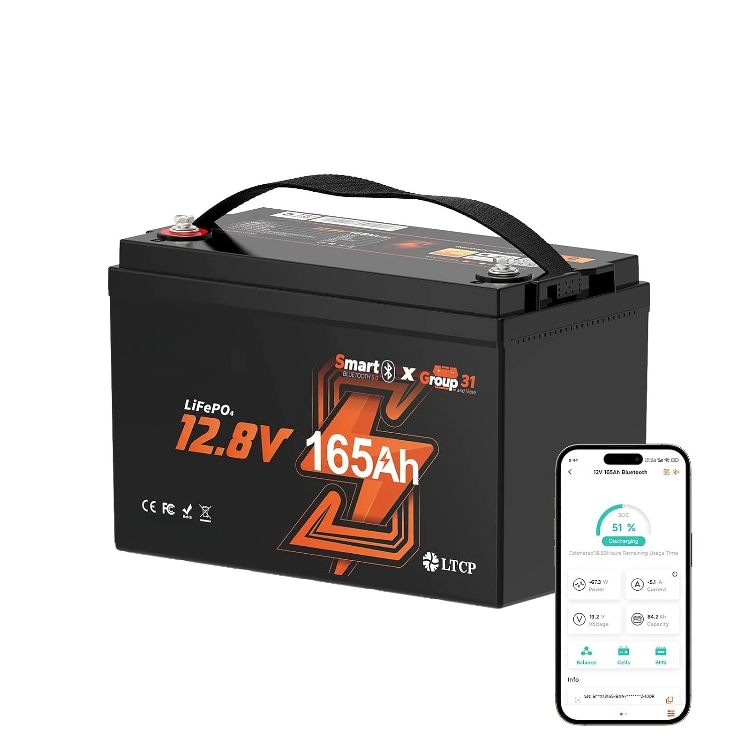 

12V 165Ah Lithium Battery Bluetooth for RV, Group 31 LiFePO4 Battery with 165A BMS, Max 15000 Deep Cycle, 2112Wh, Customized