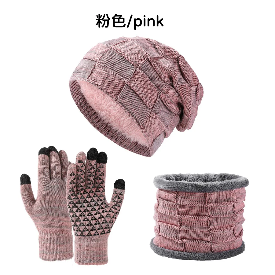 European and American Knitted Hats, Men's and Women's Fashion Warm, Fleece Thickened Hats, Scarves and Gloves Three-piece Set
