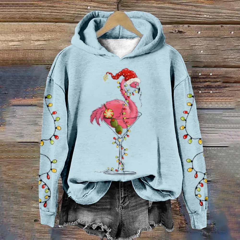 Women Hoodie Christmas Theme Flamingo Pullover Harajuku Blue Tracksuit Casual Streetwear