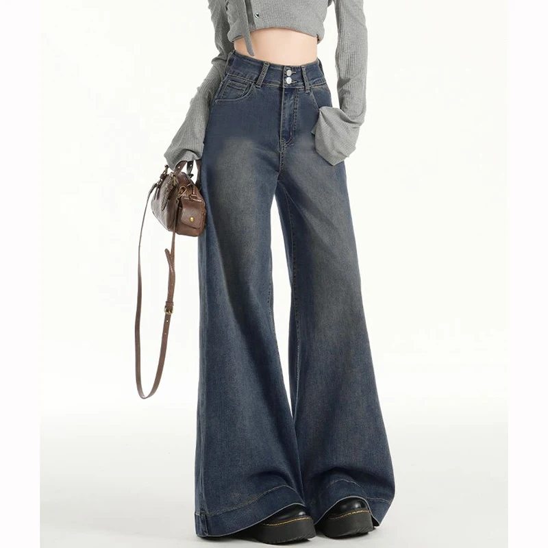 Women Retro Blue Straight Leg Jeans Female High Waist Thin Denim Pants Girls Korean Fashion Double Button Loose Trousers