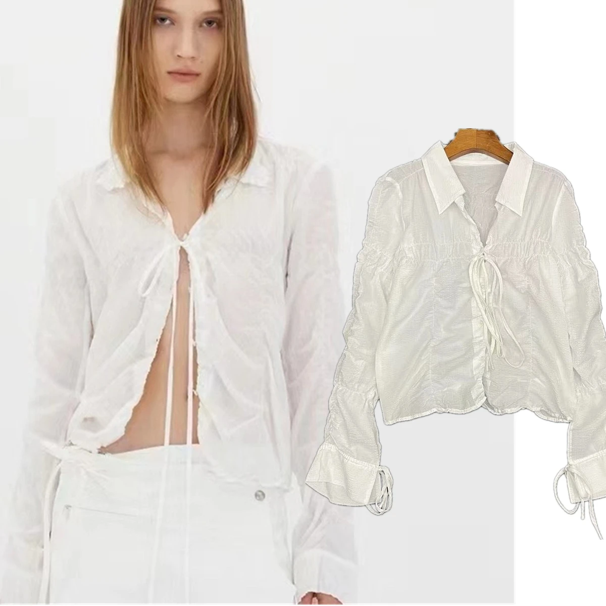 

Jenny&dave 2026 Woman Clothes Nordic Minimalist Cotton Lace-up Shirt Retro Sexy Striped Pleated Shirt Women Tops Summer Blouse