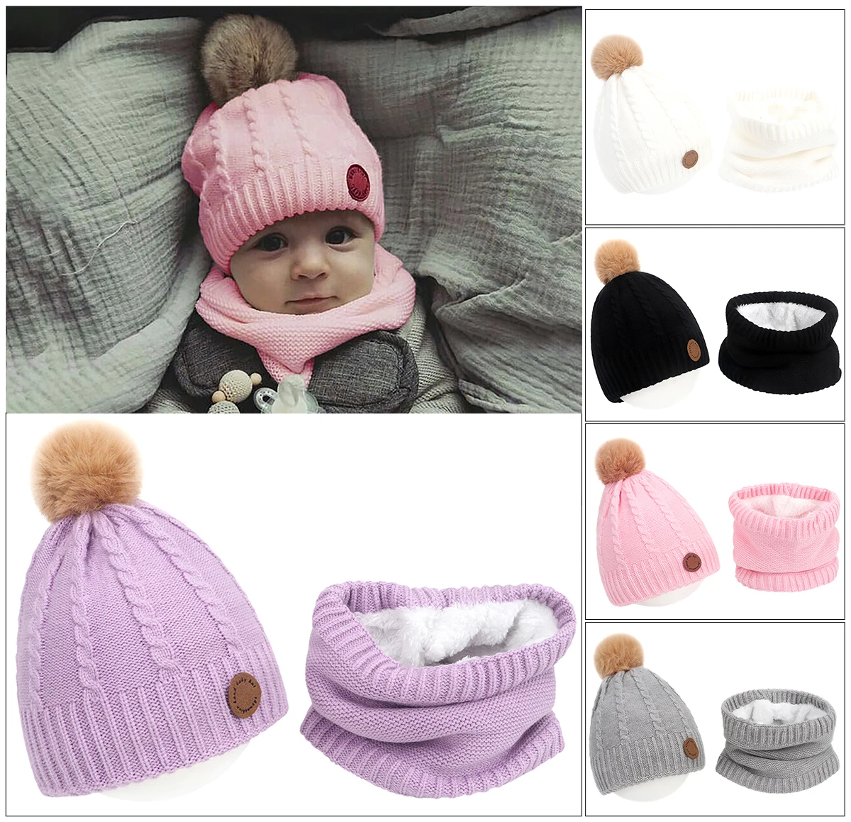 Children's Autumn Winter Knitting Hat Set with Wool Ball Plush Hat And Scarf Fried Dough Twists Two Piece Knitted Accessories