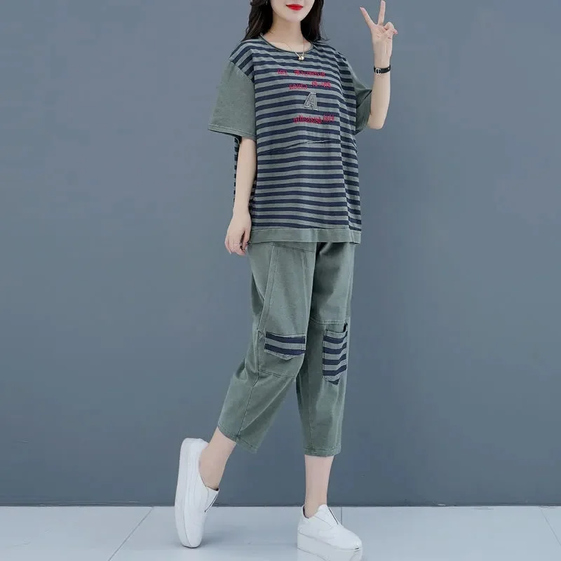 Women Splicing Sportswear Sets Summer 2022 New Short-Sleeved Female Embroidered Casual Clothes Loose And Thin Two-Piece Women\'s