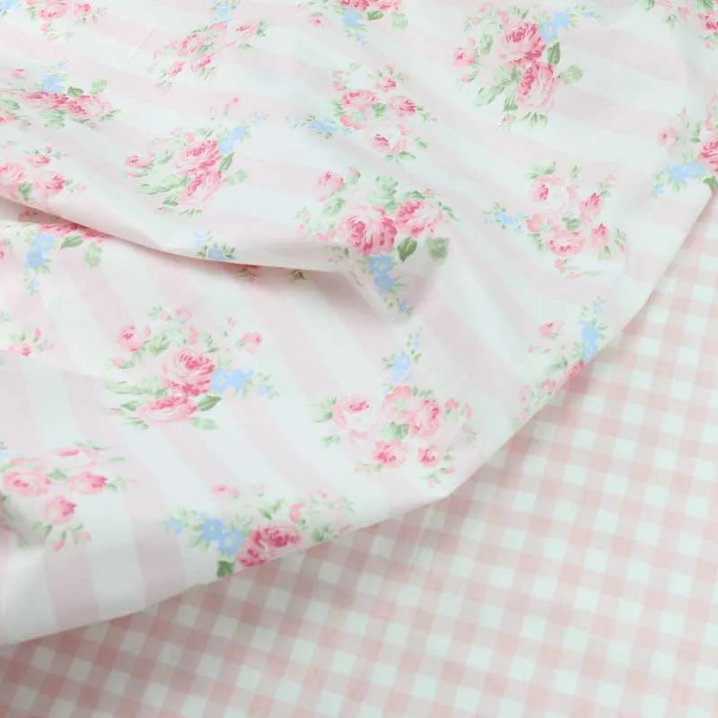 100%Cotton Width 235cm Pink Elegant Rose Stripe Check White Balck Flower Rabbit Mushroom Fabric for DIY Bedding Dress Pillow