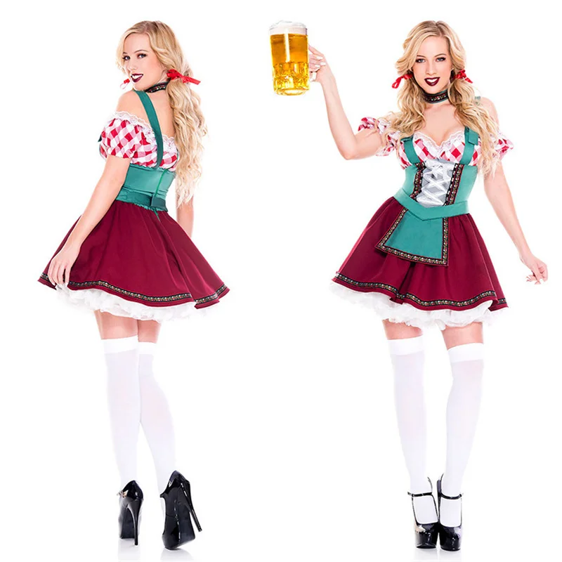 Halloween Oktoberfest Costume da cameriera da donna abito corto bavarese Bar Girl Sexy Dance Dress Green Red Plaid