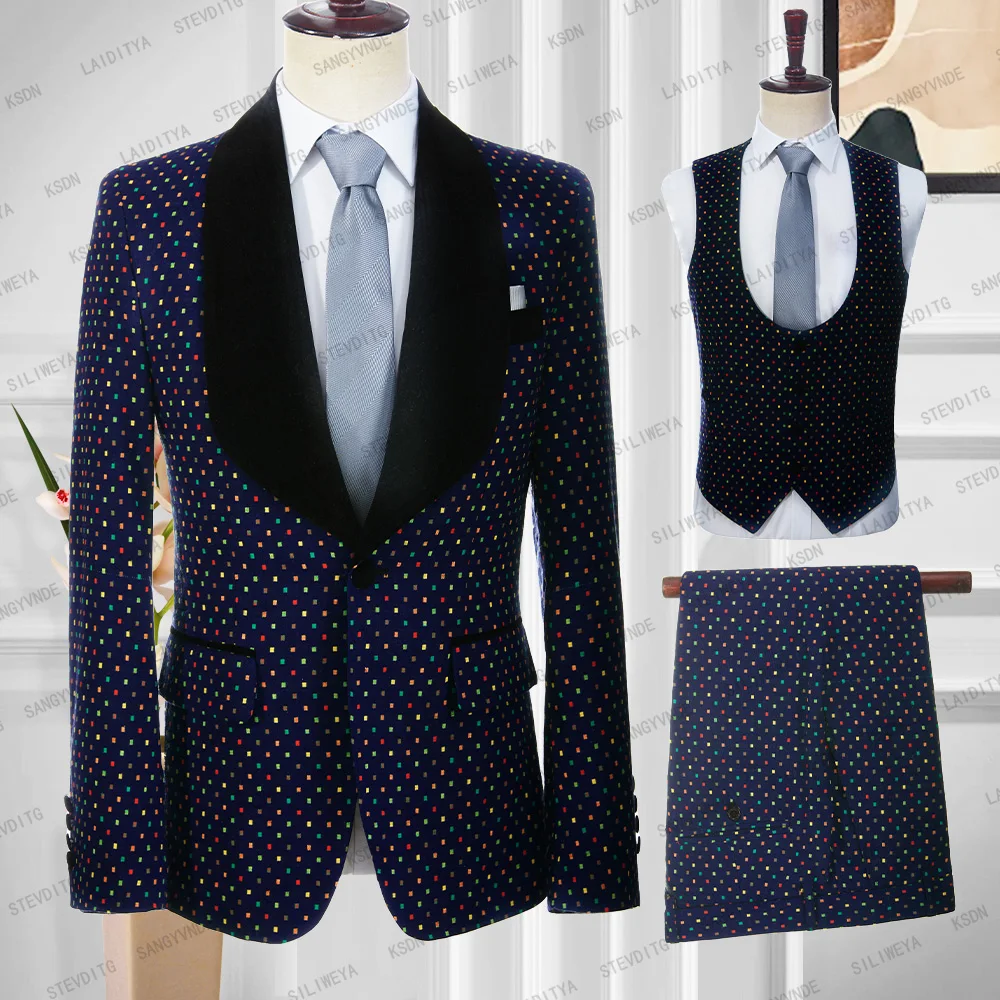 

2023 Men Suits 3 Pcs Set Summer Slim Fit Dark Blue Linen Black Lapel Colourful Dots Casual Business Tuxedos (Blazer+Pants+Vest)