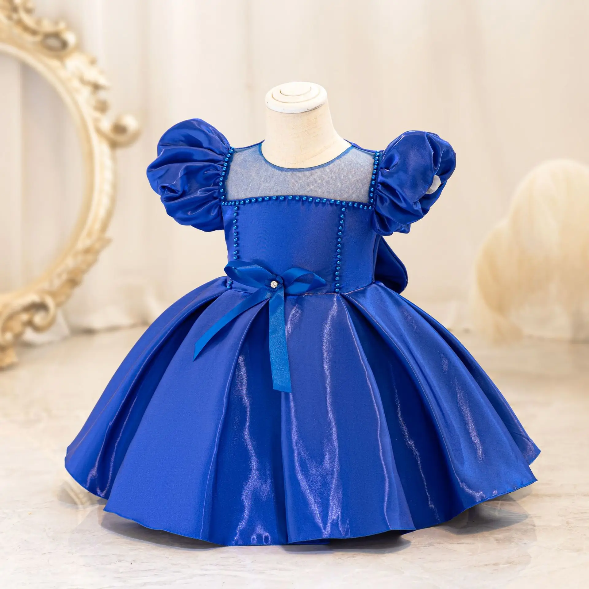 HETISO Summer Girls Elegant Dresses Beading Baby Puff Sleeve Mesh Bow Dress Holiday Child Princess Party Wedding Ball Gown