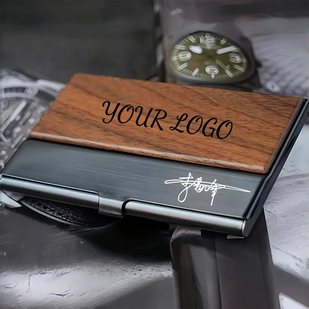 

Stainless Steel Wood Business Card Case Custom LOGO TEXT Laser Engrave Personalized Card Box Holder for Women Men Company Gift