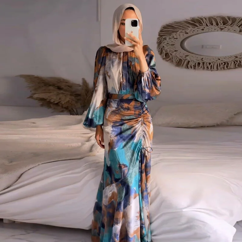 Fashion Modest Elegant Tie Dye Print Pleated Dress Half High Collar Long Lantern 2024 Spring Autumn Women Femme Robe Clothing