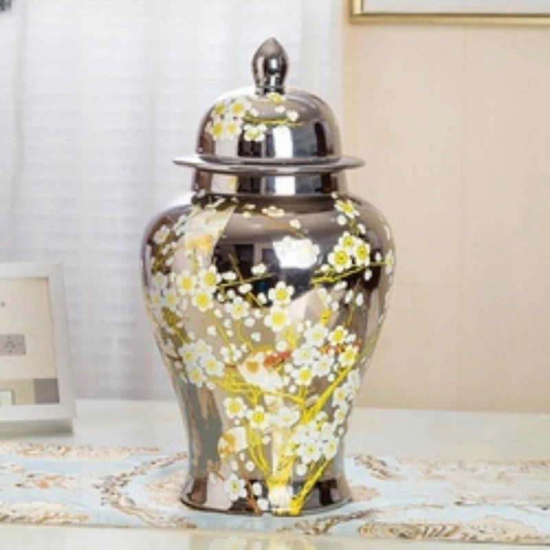 RZRV28-Series handmade color glaze plum blossom and birds decorated silver ceramic general pots storage jars