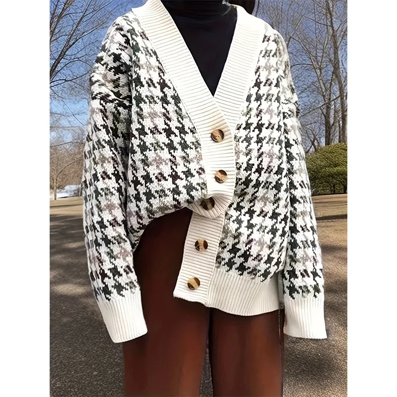 

Vintage Houndstooth Cardigan Women Single-breasted Autumn Winter Loose Elegant Sweater Female Streetwear Chic Knitwear Ladies