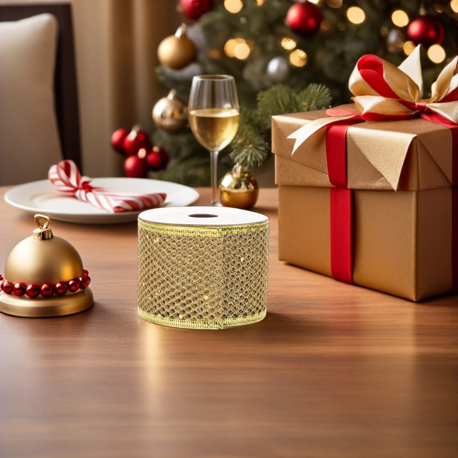 

6Cm Holiday Decorative Ribbon Gold Mesh Sequin Wrapping For Present Party Wreath Crafting Diy Flower Bouquet Fall Thanksgiving