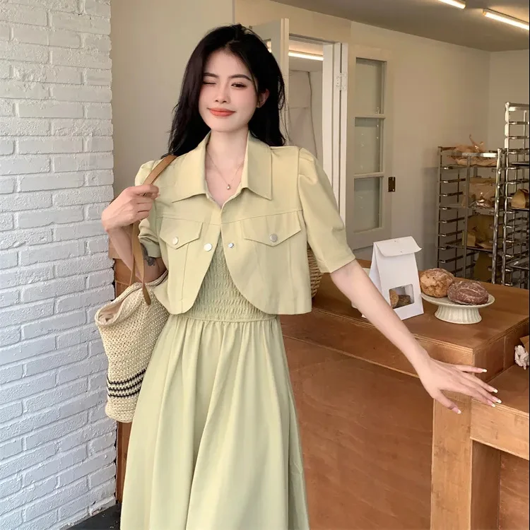 Two Piece Suit with Jacket Suspender and Dress Pleated Two Piece Sets Long Sleeve Cardigan Slash Top Elastic Waist Suit YC267