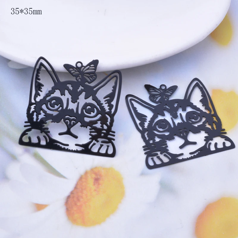 6pcs Brass Laser Tute  Black White Cat Charms Connector DIY Making Eearring Pendant Jewelry Findings