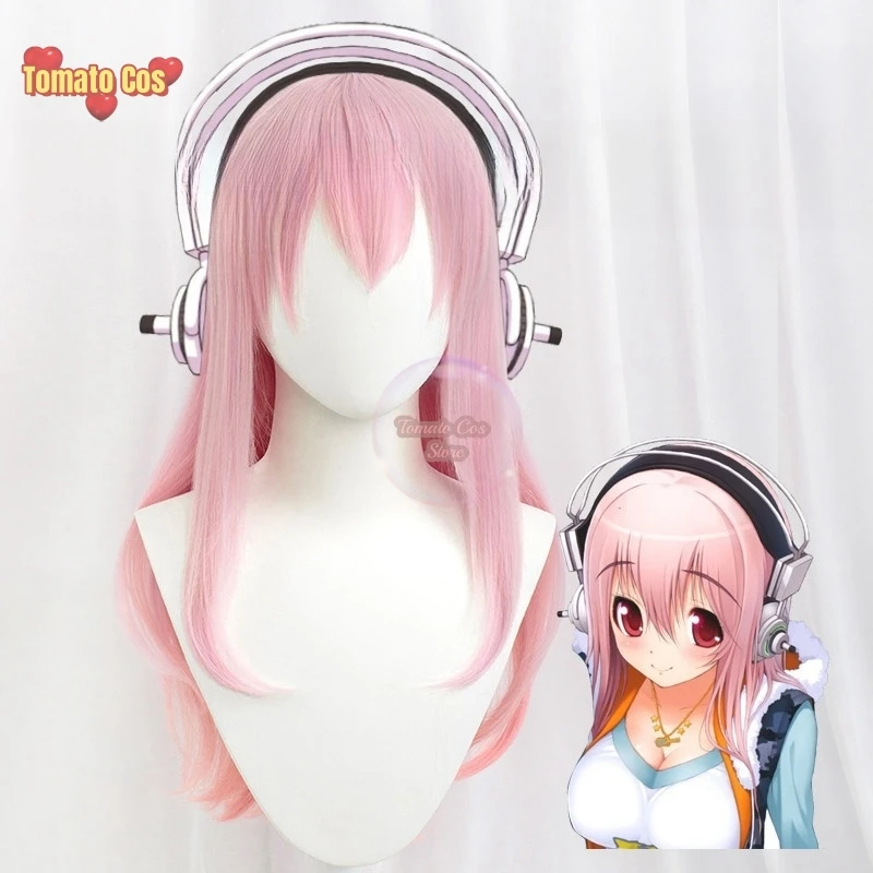 Supersonico Super Sonico 60cm Long Pink Ombre Hair With Headphone Prop Heat Resistant Cosplay Costume Wig + Toy headset