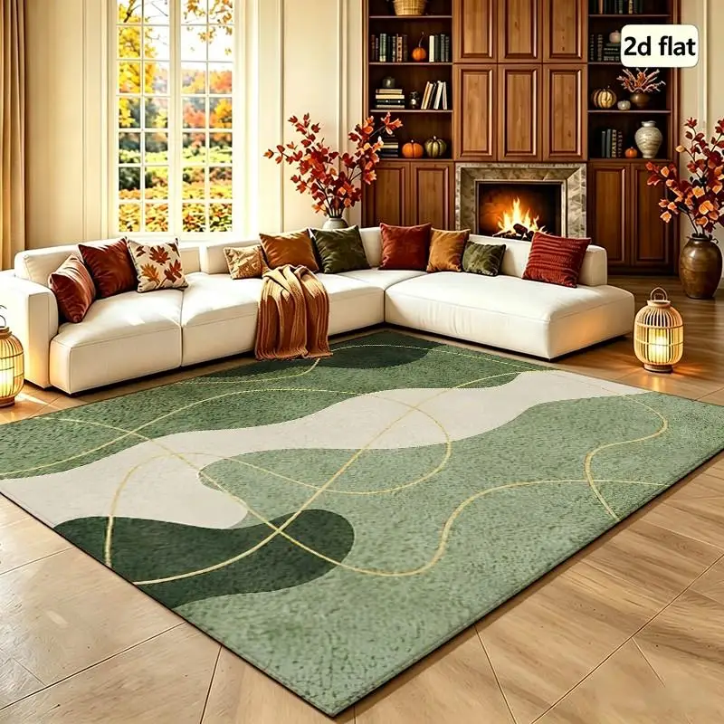1PC Modern Abstract Wavy Green Cream Area Rug With Gold Curved Lines For Hardwood Floors Large Bedroom Rug Laundry Room Pictures Washable Rugs For Bedroom Boho Decor Living Room Dining Room Entryway