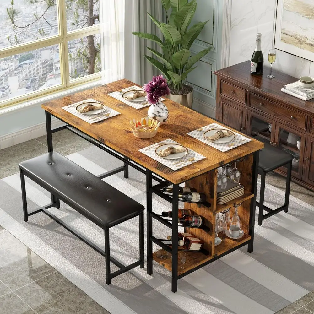 

Компактный обеденный стол на 2-4 человека, кухонный стол 53 дюйма с 2 мягкими скамьями, обеденный стол с подставкой для вина, стеклянная столешница