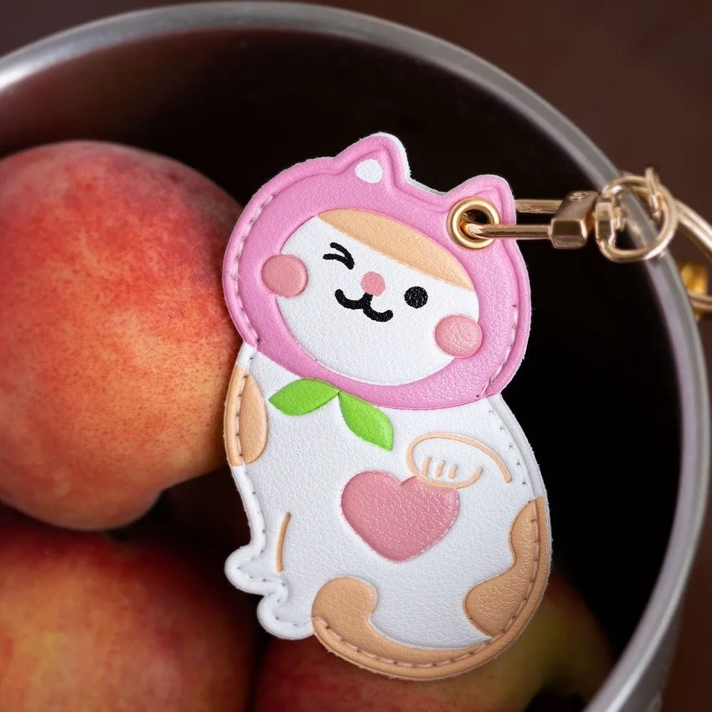 

Lovely Fruit Kitty Access Card Holder Leather Maneki-neko Fortune Cat Pendant Keyring Meow Protective Case