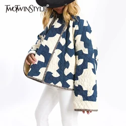 TWOTWINSTYLE Hit Color Loose Fashion Coat for Women Lapel Long Sleeves Patchwork Printing Elegant Jackets Female Clothing New