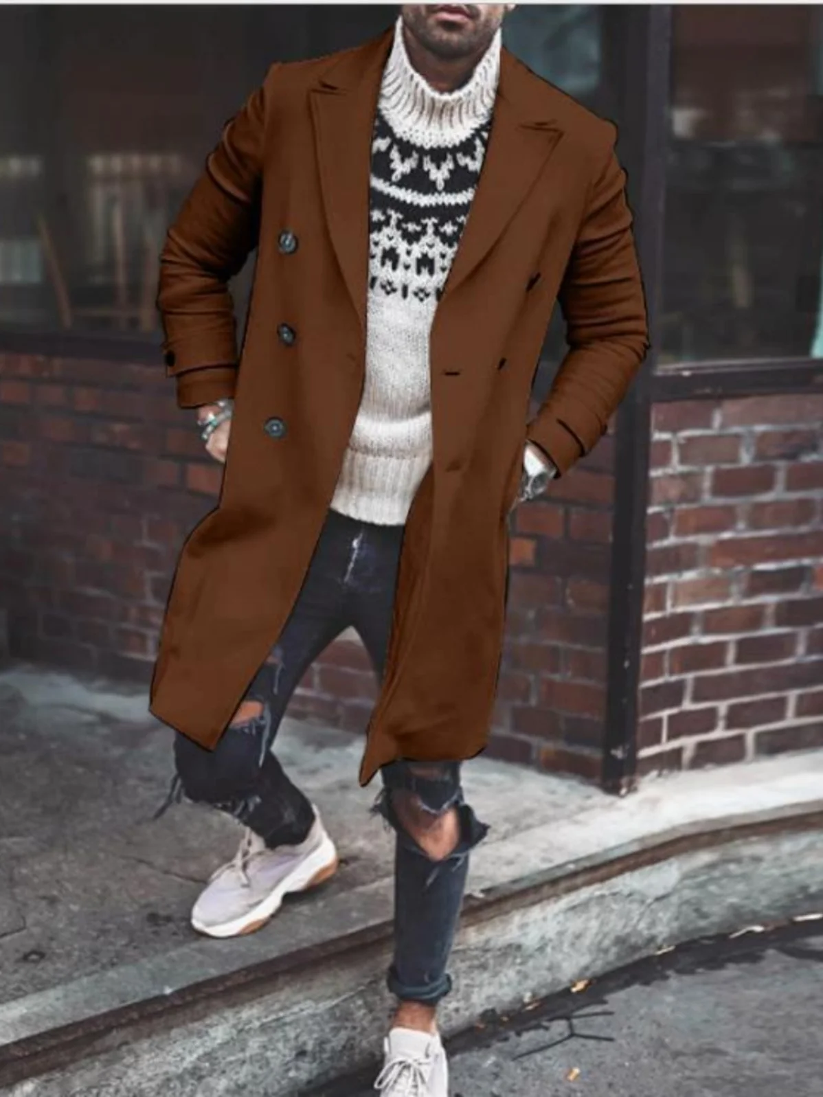 

Мужское простое однотонное шерстяное пальто средней длины, мужская ветровка, двубортный лацкан, весенний повседневный прямой подол