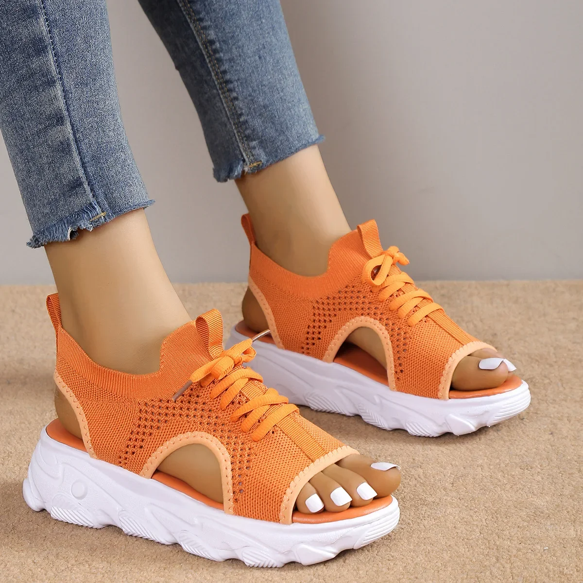 Sandal Women Summer 2023 Casual Platform Shoes Thick-Soled Lace-Up Sandalias Open Toe Beach Shoes for Women Zapatos Mujer