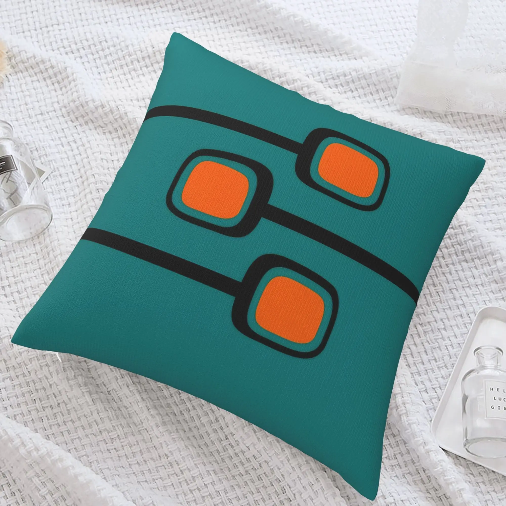 Mid-Century Modern Geometric Double-Sided Pillow Cover, 1pc Teal and Orange Abstract Decorative Cushion Case for Sofa, Bed