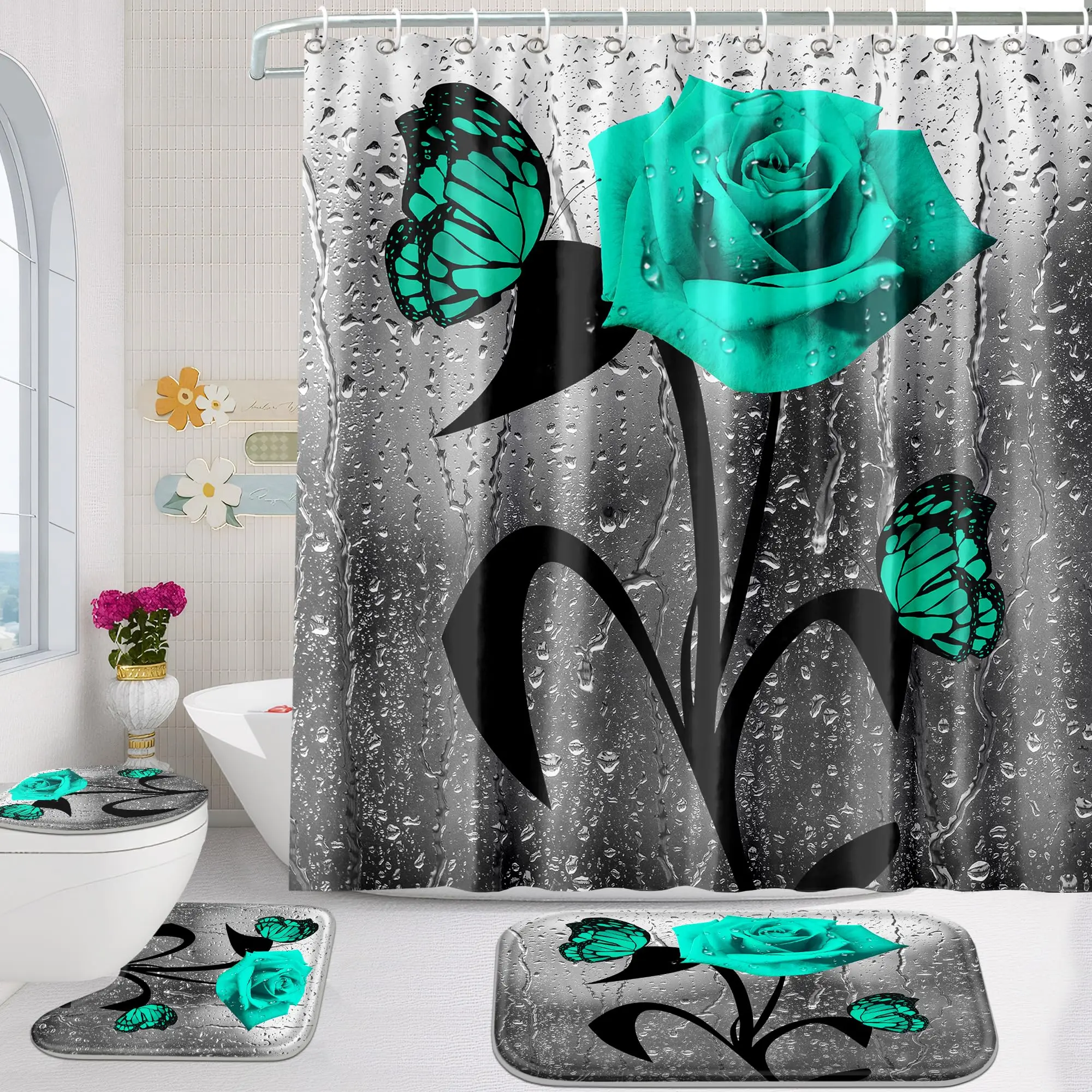 4 Pcs Shower Curtain Set, Rose Bathroom Set,Romantic Shower Curtain Sets with Rugs(Bath Mat,U Shape and Toilet Lid Cover Mat)
