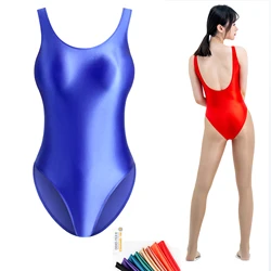 Satin Glossy Leotards Sexy High-Cut Bikini Body Shaping Bodysuit Beach Women Tights Glitter Shiny One Piece Bathing Swimwear